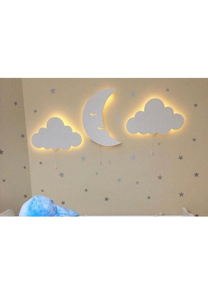 Iki Bulut Bir Aydede Ahşap Duvar Aydınlatma Seti + 100 Gri Yıldız Sticker Hediyeli
