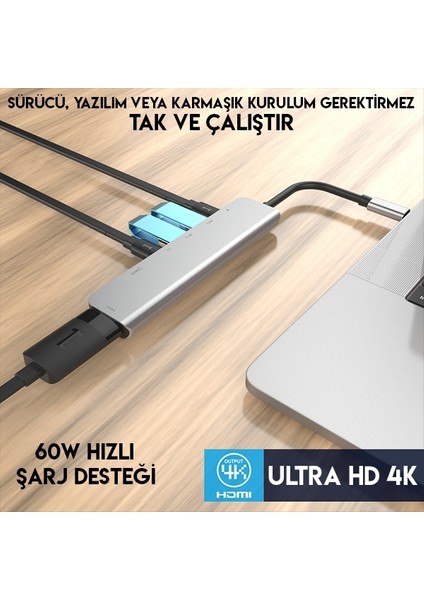 AL-31550 USB Type-C to 7 in 1 HDTV 2 x USB + PD SD&TF Okuyucu HUB Adaptör Çoklayıcı