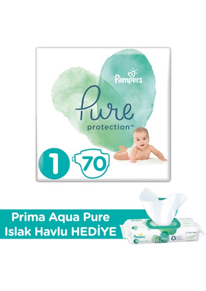 Pure Bebek Bezi 1 Beden 70’li + Prima Aqua Pure Islak Havlu Hediyeli