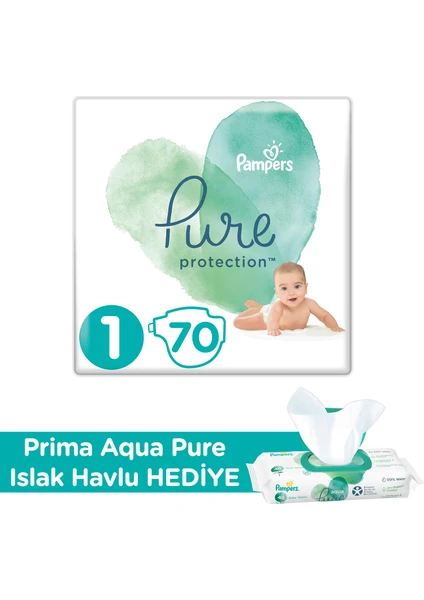 Pure Bebek Bezi 1 Beden 70’li + Prima Aqua Pure Islak Havlu Hediyeli