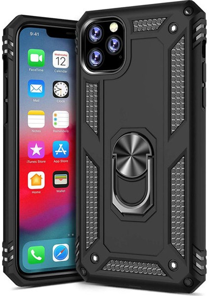 Apple iPhone 11 Pro Max Anka Serisi Yüzük Standlı Armor Kılıf - Siyah