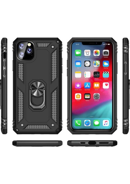 Apple iPhone 11 Pro Max Anka Serisi Yüzük Standlı Armor Kılıf - Siyah