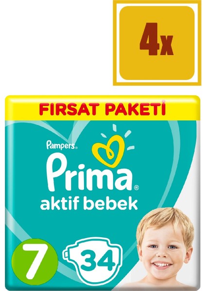 Bebek Bezi Aktif Bebek 7 Beden Fırsat Paketi 15+ kg 34 x 4'lü Set