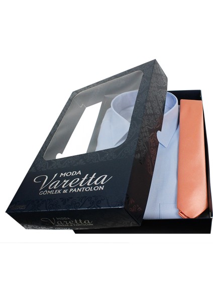 Erkek Mavi Gömlek Somon Rengi Kravat Gömlek Kombin Seti