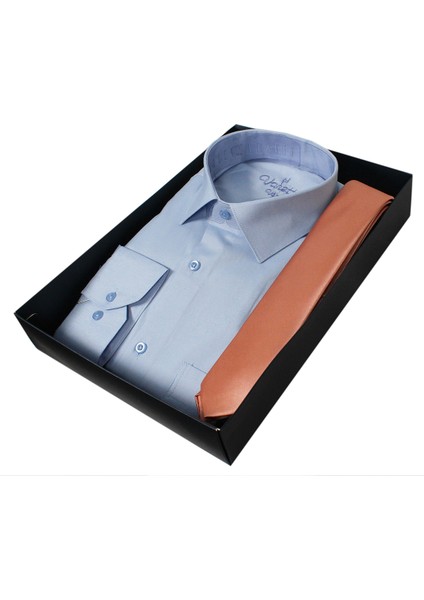 Erkek Mavi Gömlek Somon Rengi Kravat Gömlek Kombin Seti modelleri