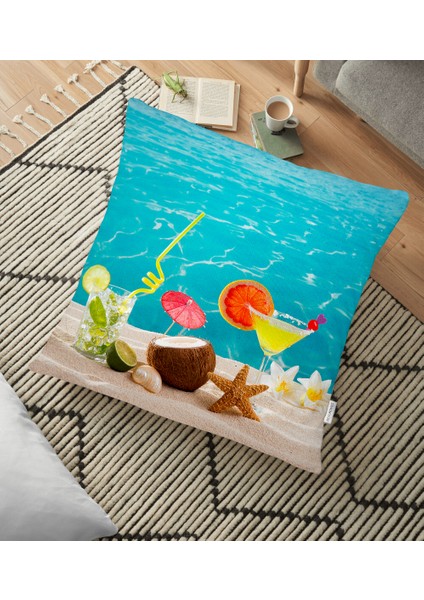 Havuz ve Kokteyl Tasarımlı Dijital Baskılı Dekoratif Yer Minderi - 70 x 70 cm