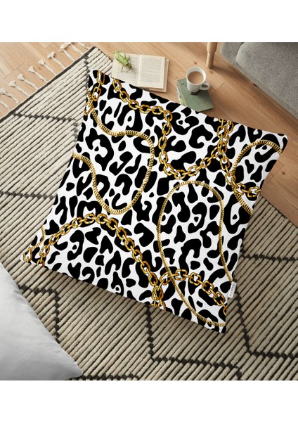 Leopar Desenli Altın Detaylı Özel Tasarım Modern Yer Minderi - 70 x 70 cm