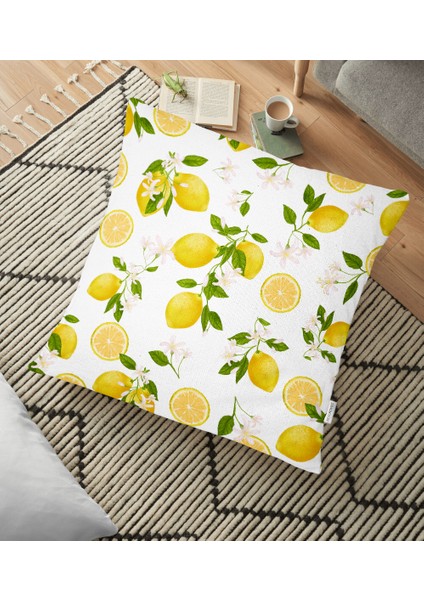 Limon Desenli Ilkbahar Renkleri Dijital Baksılı Yer Minderi - 70 x 70 cm