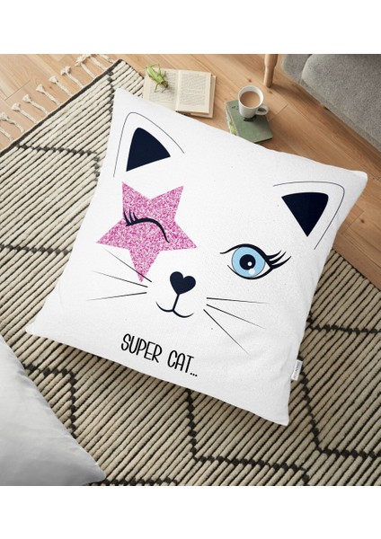 Super Cat Motifli Modern Dijital Baskılı Yer Minderi - 70 x 70 cm