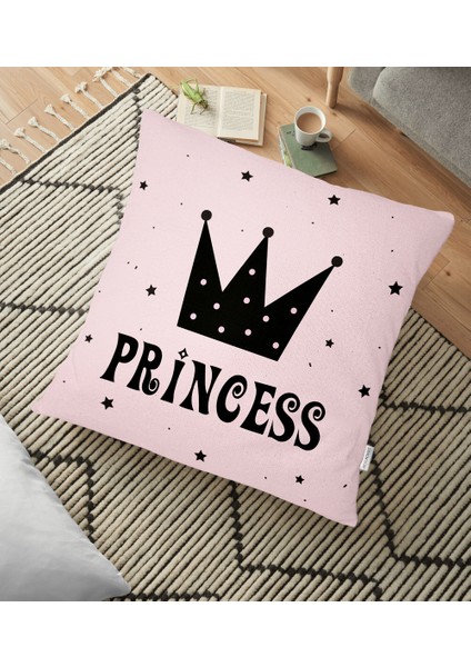 Pembe Zeminli Prıncess Yazılı Dijital Baskılı Yer Minderi - 70 x 70 cm
