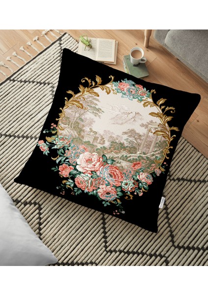Siyah Zeminde Çiçek Bahçesi Exclusive Modern Tasarımlı Yer Minderi - 70 x 70 cm