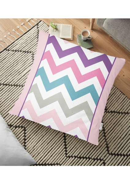 Renkli Zigzag Motifli Pembe Zeminli Modern Yer Minderi - 70 x 70 cm