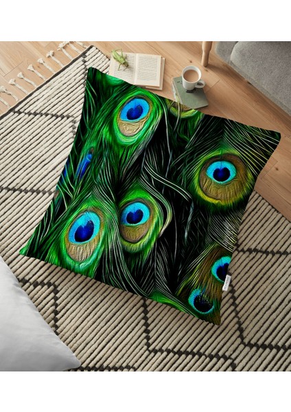 Koyu Zeminde Renkli Tüyler Özel Tasarımlı Dekoratif Yer Minderi - 70 x 70 cm