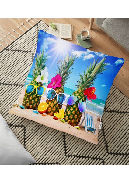 Sahil ve Ananaslar Tasarımlı Dijital Baskılı Dekoratif Yer Minderi - 70 x 70 cm