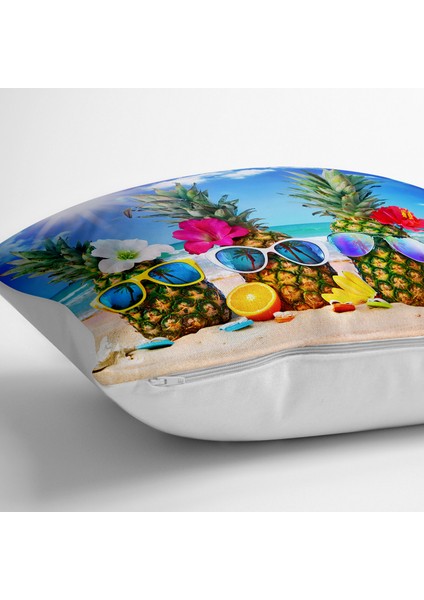 Sahil ve Ananaslar Tasarımlı Dijital Baskılı Dekoratif Yer Minderi - 70 x 70 cm fiyatları