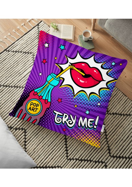 Mor Zeminli Pop Art Tasarımlı Dijital Baskılı Dekoratif Yer Minderi - 70 x 70 cm