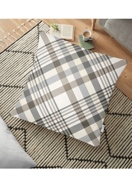 Gri Krem Ekose Desenli Dijital Baskılı Dekoratif Yer Minderi - 70 x 70 cm