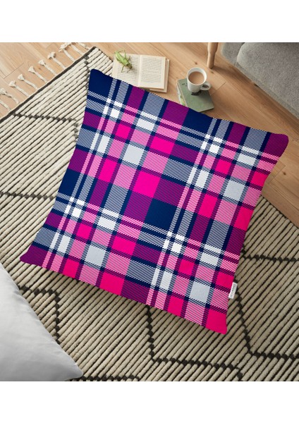 Pembe Lacivert Ekose Desenli Dekoratif Yer Minderi - 70 x 70 cm