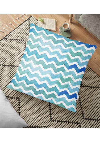 Sulu Boyalı Zigzag Desenli Dijital Baskılı Yer Minderi - 70 x 70 cm
