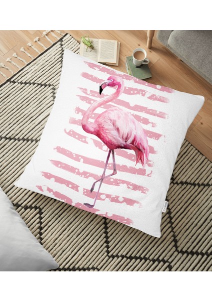 Pudra Çizgi Desenli Flamingo Baskılı Dekoratif Yer Minderi - 70 x 70 cm