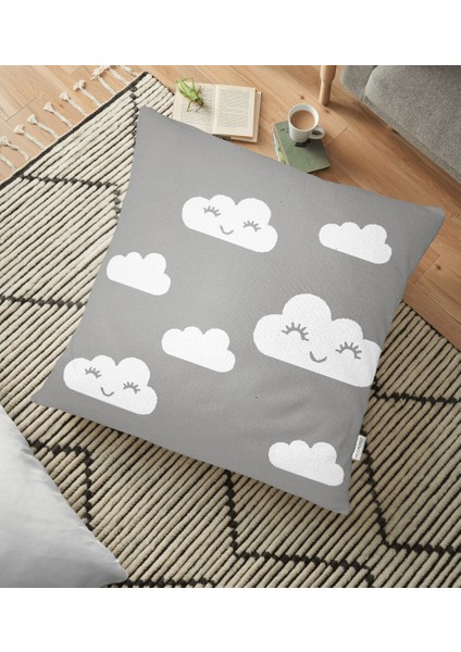 Gri Zeminli Bulut Motifli Dijital Baskılı Dekoratif Yer Minderi - 70 x 70 cm