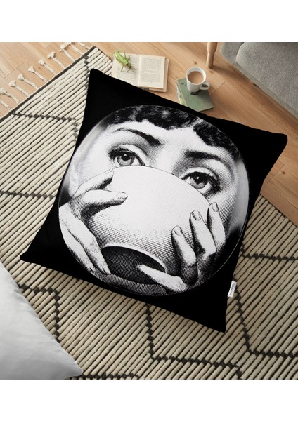 Siyah Zeminli Fornasetti Tasarımlı Dijital Baskılı Yer Minderi - 70 x 70 cm