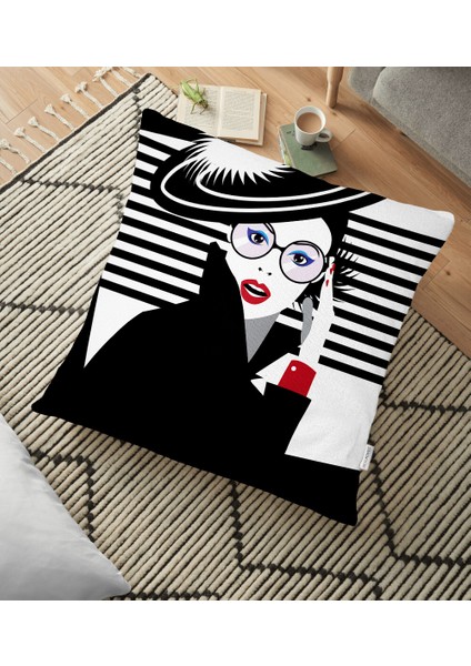 Siyah Beyaz Fashion Woman Tasarımlı Dekoratif Yer Minderi - 70 x 70 cm