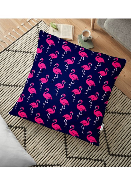 Lacivert Zeminli Pembe Flamingolar Tasarımlı Dijital Baskılı Yer Minderi - 70 x 70 cm
