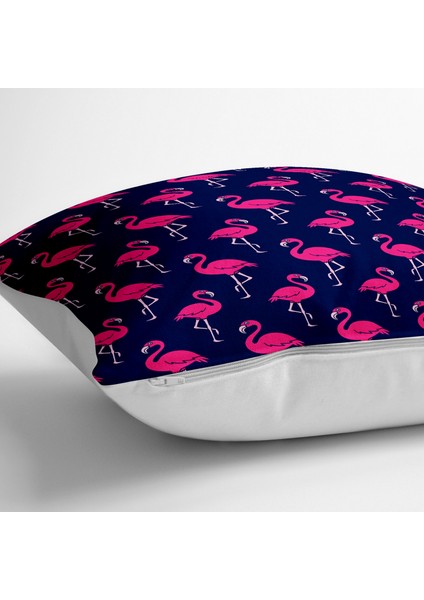 Lacivert Zeminli Pembe Flamingolar Tasarımlı Dijital Baskılı Yer Minderi - 70 x 70 cm fiyatları