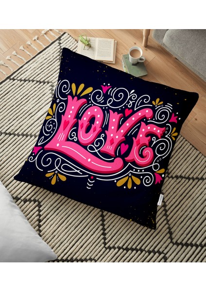 Renkli Love Baskılı Dijital Baskılı Modern Yer Minderi - 70 x 70 cm