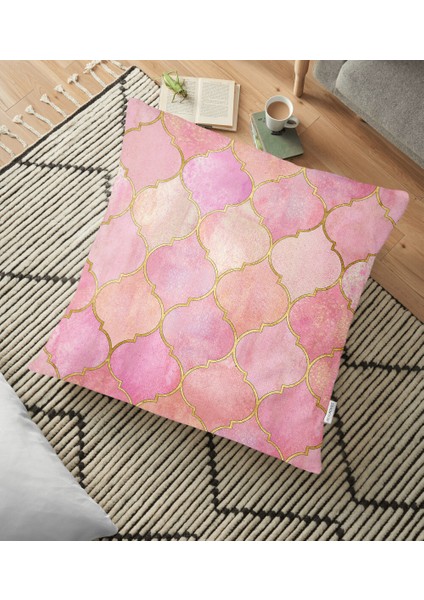 Pudra Zeminli Ogea Desenli Özel Tasarım Modern Yer Minderi - 70 x 70 cm
