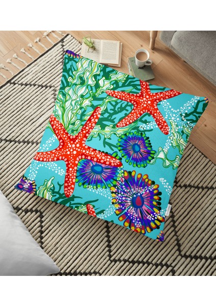 Turkuaz Zeminli Deniz Yıldızı Tasarımlı Dijital Baskılı Dekoratif Yer Minderi - 70 x 70 cm