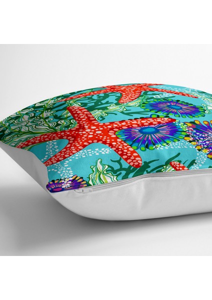 Turkuaz Zeminli Deniz Yıldızı Tasarımlı Dijital Baskılı Dekoratif Yer Minderi - 70 x 70 cm fiyatları