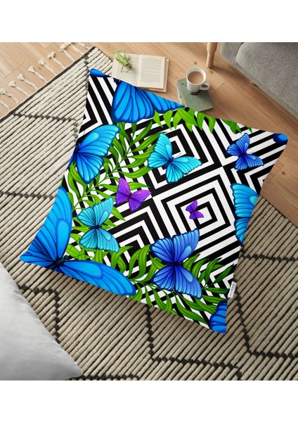 Geometrik Zeminli Mavi Kelebek Baskılı Yer Minderi - 70 x 70 cm