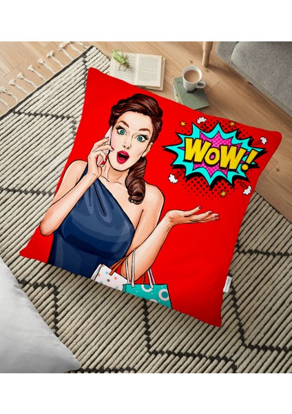 Kırmızı Zeminli Popart Wow Desenli Modern Yer Minderi - 70 x 70 cm