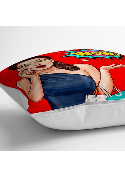 Kırmızı Zeminli Popart Wow Desenli Modern Yer Minderi - 70 x 70 cm fiyatları