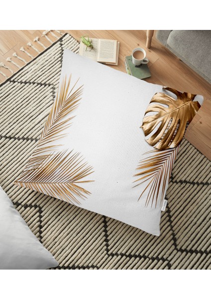 Altın Renkli 3D Palmiye Yaprakları Modern Yer Minderi - 70 x 70 cm
