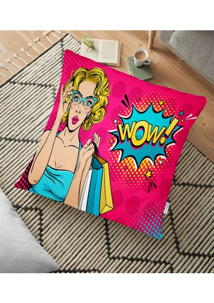 Pempe Pop Art Wow Tasarımlı Dekoratif Yer Minderi - 70 x 70 cm