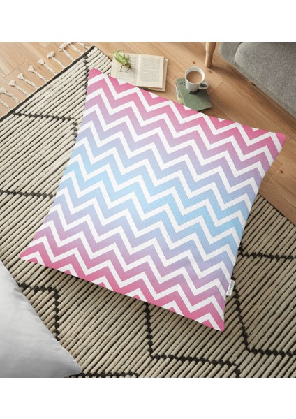 Pembe Mavi Zigzag Tasarımlı Dijital Baskılı Dekoratif Yer Minderi - 70 x 70 cm