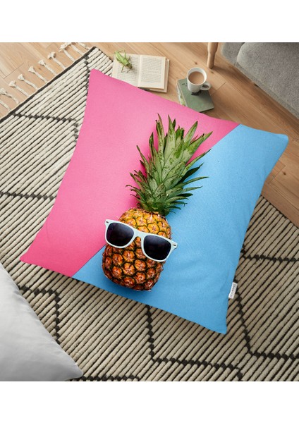 Mavi Pembe Ananas Desenli Modern Yer Minderi - 70 x 70 cm