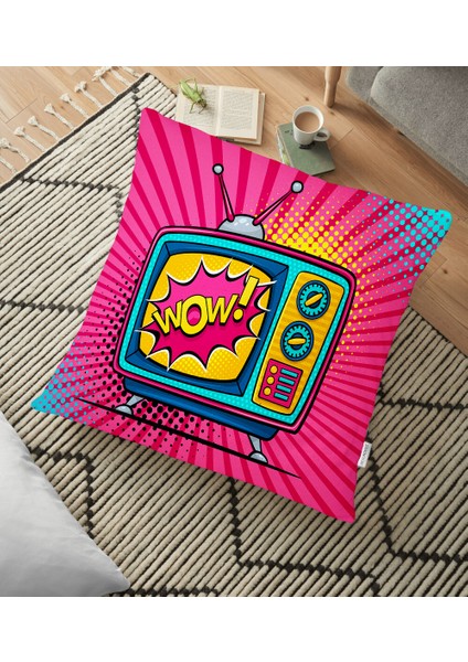 Pop Art Wow Tv Desenli Dekoratif Yer Minderi - 70 x 70 cm