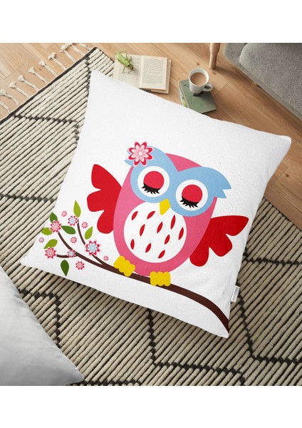 Baykuş Çizimli Dijital Baskılı Dekoratif Yer Minderi - 70 x 70 cm
