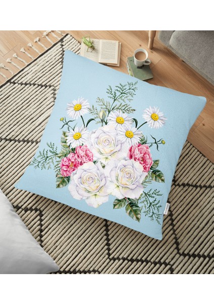 Çiçek Desenli Dijital Baskılı Dekoratif Yer Minderi - 70 x 70 cm