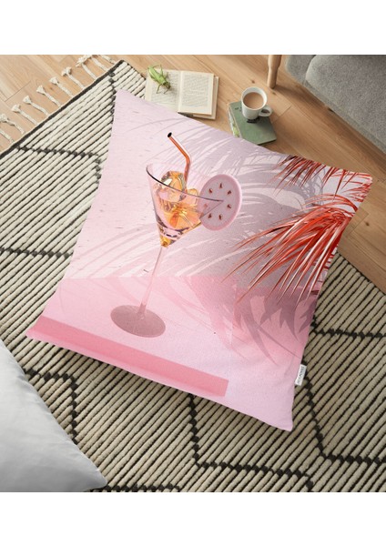 Palmiye ve Kadeh Resimli Dijital Baskılı Yer Minderi - 70 x 70 cm