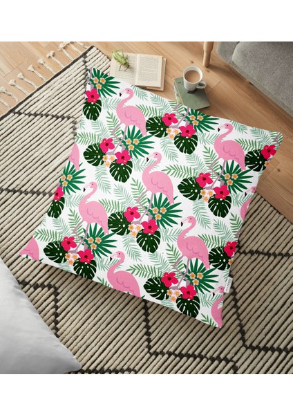 Pembe Yeşil Flamingo Tasarımlı Dijital Baskılı Dekoratif Yer Minderi - 70 x 70 cm