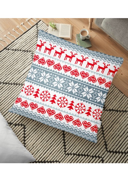Kırmızı ve Gri Kanaviçe Christmas Temalı Dekoratif Yer Minderi - 70 x 70 cm