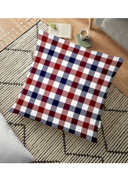 Bordo Lacivert Ekose Desenli Dekoratif Yer Minderi - 70 x 70 cm