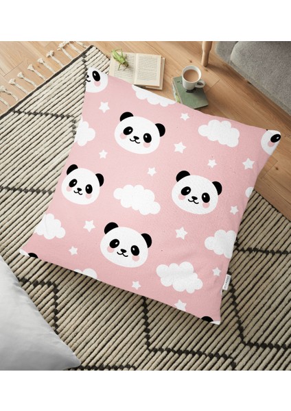 Pembe Zeminli Panda Resimli Dijital Baskılı Yer Minderi - 70 x 70 cm