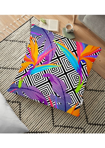 Geometrik Zeminli Renkli Yapraklar Tasarımlı Dijital Baskılı Yer Minderi - 70 x 70 cm