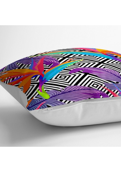 Geometrik Zeminli Renkli Yapraklar Tasarımlı Dijital Baskılı Yer Minderi - 70 x 70 cm fiyatları